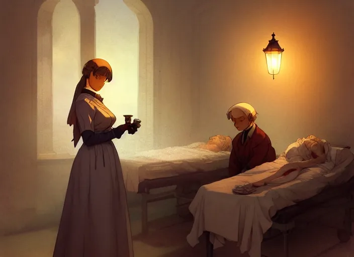 Image similar to 1 8 5 4 crimea, florence nightingale holding lamp, army hospital in scutari at night, wounded patients in beds on both sides of hospital ward, dirty floor, grimy walls, finely detailed perfect art, painted by greg rutkowski makoto shinkai takashi takeuchi studio ghibli