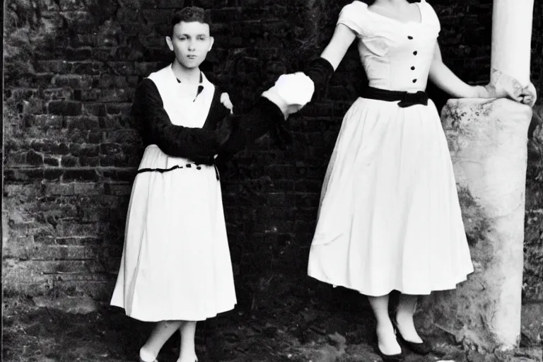 Image similar to giga chad wearing maid dress, black and white