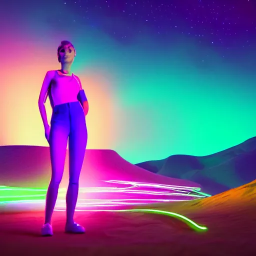 Image similar to a girl glowing with neon colors in the middle of a beautiful desert sunrise, photorealistic, 8k resolution, octane render, unreal engine