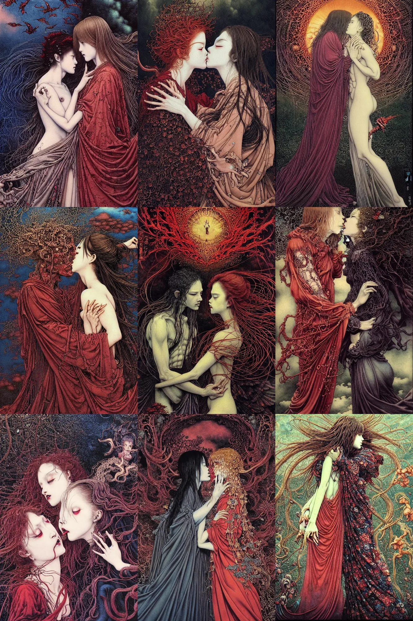 Prompt: realistic detailed image of attractive beautiful angels passionately kissing and hugging in heaven, imps and demons lurking in the shadows by Ayami Kojima, Amano, Takato Yamamoto. Neo-Gothic, gothic, rich deep colors. masterpiece. Beksinski painting. still screenshot from 2021 movie by Terrence Malick and Gaspar Noe