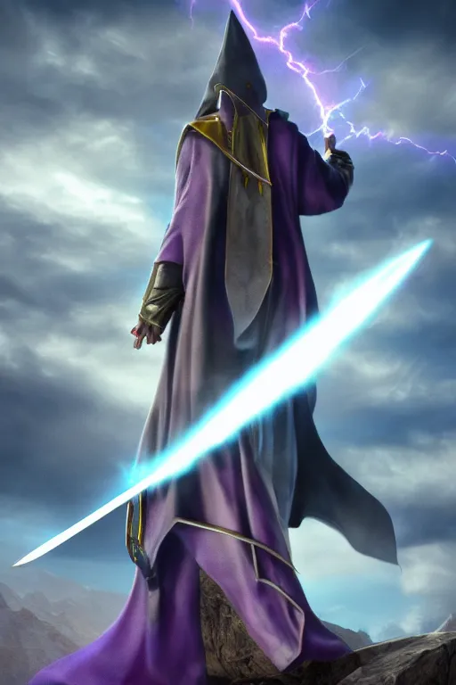 Image similar to hyper realistic wizard holding a sword that’s pointed towards the sky, getting shocked by purple lightning, standing on a mountaintop, octane, trending on artstation, hyper realistic, highly detailed, amazing depth of field, 8k