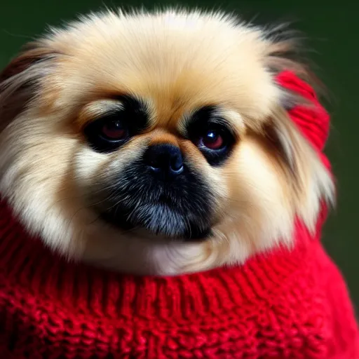 Image similar to a cute pekingese wearing a sweater, high resolution photo