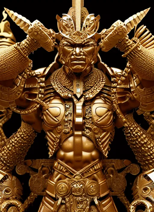 Image similar to intricate sculpture of an aztec warrior, ulta high detail, subtle gold accents, sculpted by craig mullins, yoji shinkawa, trending on artstation, hyper detailed, insane details, intricate, ornate, elegant, luxury, dramatic lighting, cgsociety, art, octane render, weta digital, micro details, 3 d sculpture, structure, ray trace 4 k