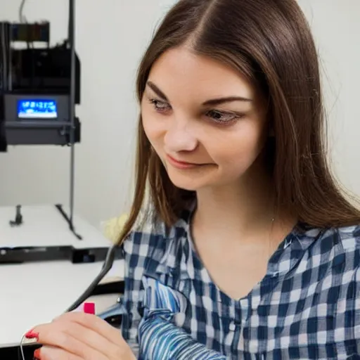 Prompt: Beautiful young woman operating a 3D printer with a curious look on her face