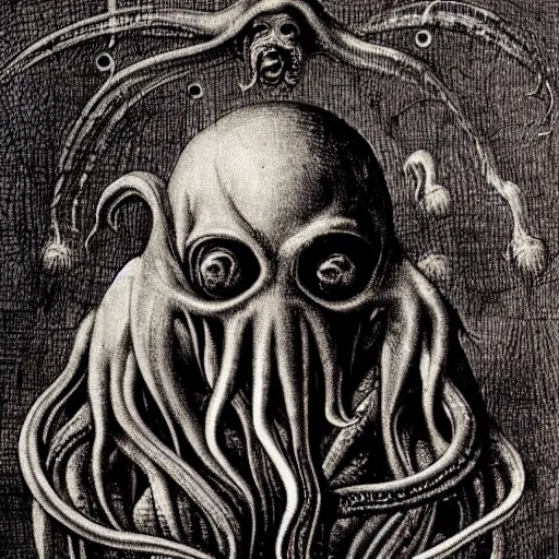 Prompt: A detailed portrait of the Cthulhu mythos by Hieronymus Bosch