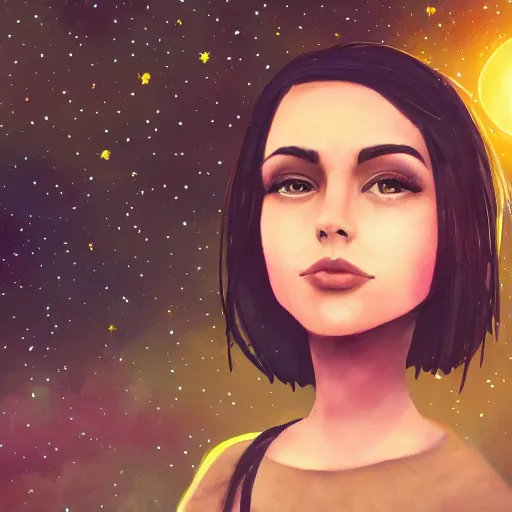 Image similar to an hd photo of a young woman with short brown hair and green eyes, beautiful trees in the background, night sky with stars and galaxies, trending on artstation