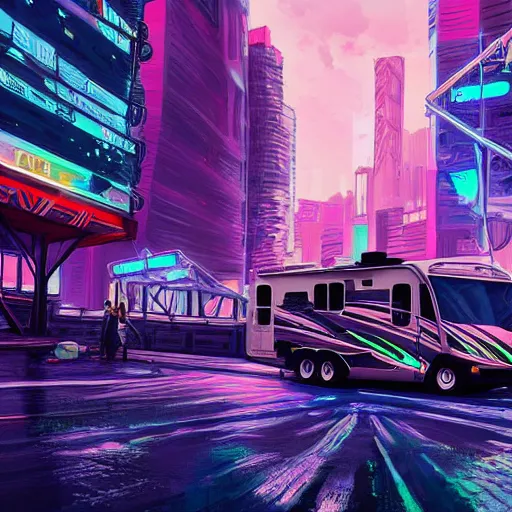 Prompt: beautiful digital painting of an RV in a cyberpunk city, hyperdetailed, vivid colors, trending on Artstation