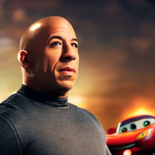 Image similar to vin diesel riding on top on a roof of lightning mcqueen, cinematic, bokeh, blur, action
