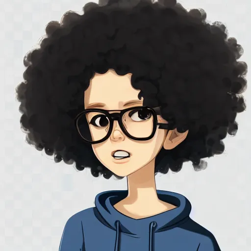 Prompt: a very beautiful girl with dark complexion, round face long, curly, afro hair, stylistic oval black eyes, half - frame square glasses, grey hoodie opened, white t - shirt, white gloves, denim jeans, character art, cute, digital art, jaidenanimations, cartoon network, cel shaded, character art