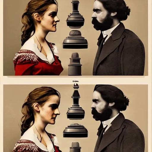 Prompt: battle of karl marx vs emma watson, kfc poster. symmetry, awesome exposition, very detailed, highly accurate, professional lighting diffracted lightrays, 8 k, sense of awe