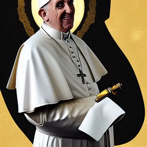Image similar to the pope holding a golden revolver, photorealistic, ultra detailed, high resolution, 8 k