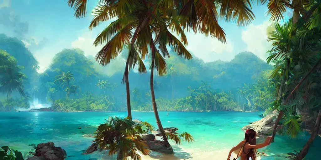 Image similar to Tropical paradise, digital painting, art by greg rutkowski, artgerm