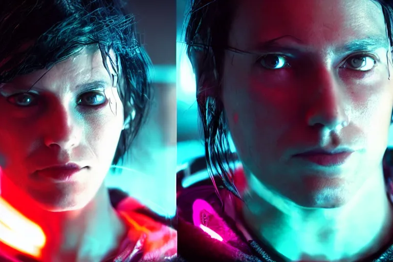 Prompt: VFX movie of a cyberpunk hacker closeup portrait in high tech compound, beautiful natural skin neon lighting by Emmanuel Lubezki