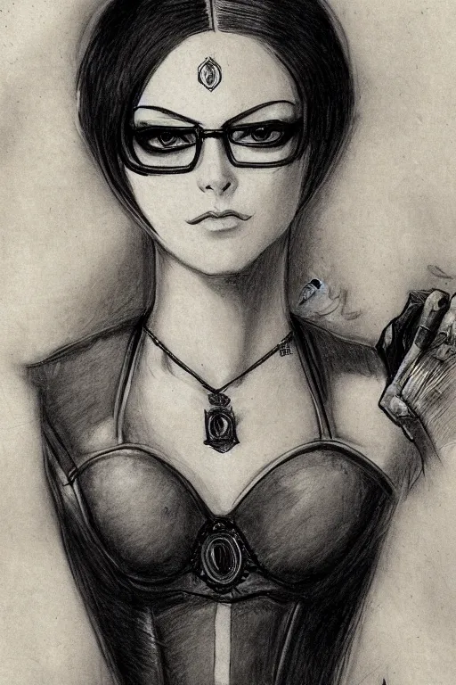 Image similar to Portrait sketch of fully clothed Bayonetta by Da Vinci