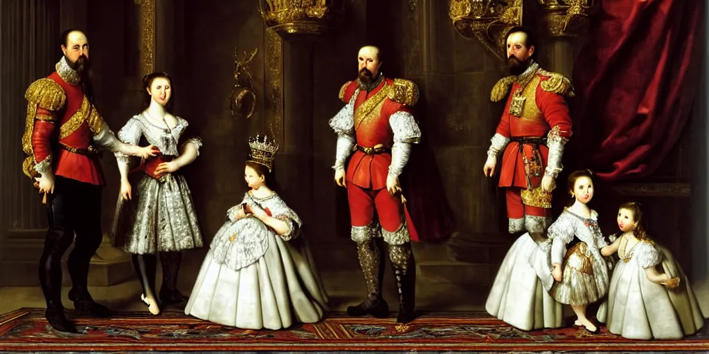 Prompt: A Spanish King with his queen and one young daughter, inside the morning room of their palace, a Yorkshire Terrier is at the arms of the king, very detailed, intricate, smooth, 8 k masterpiece, art by Velasquez, art by Rubens, art by Caravaggio