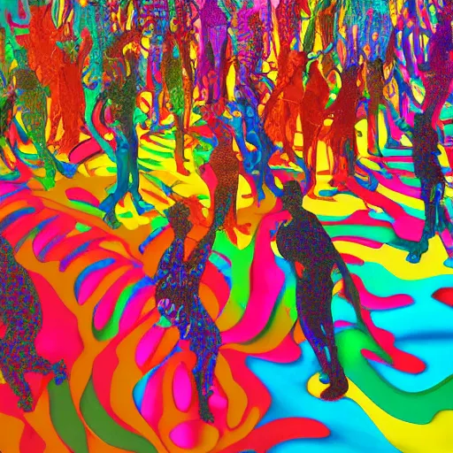 Image similar to liquid people dancing in a colorful room by lynda benglis, hyperrealistic, lightfull shadows, high detail, digital art