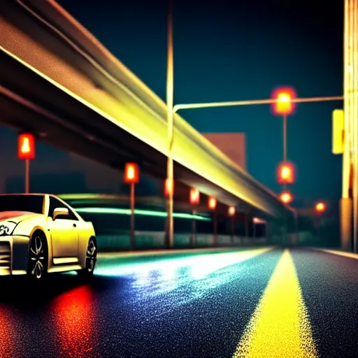 Image similar to a car Nissan Skyline in middle of road, night city, cinematic color, photorealistic, highly detailed