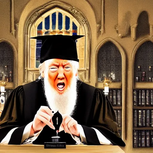 Image similar to trump as professor dumbledore giving a speech in the dining room in hogwarts, detailed, intricate, digital art