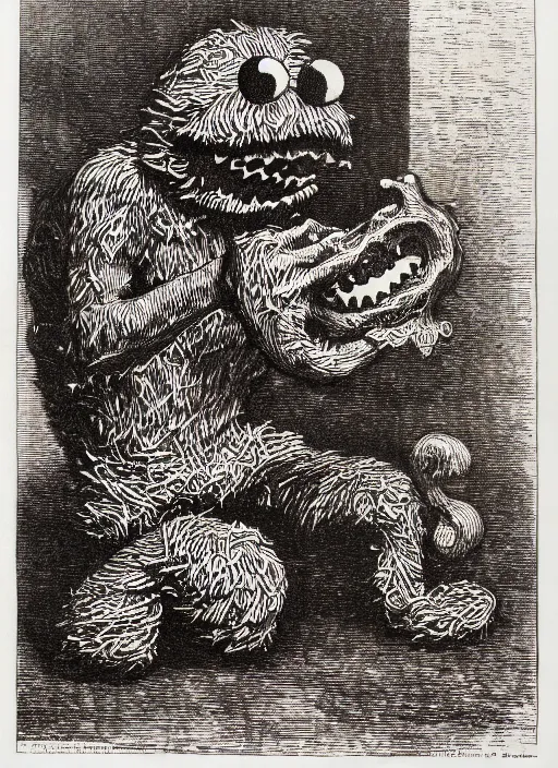 Image similar to cookie monster devours gingerbread men, demon from the dictionarre infernal, etching by louis le breton, 1 8 6 9, 1 2 0 0 dpi scan, ultrasharp detail, clean scan