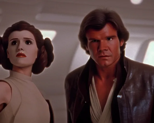 Prompt: screenshot of Han Solo standing next to Princess Leia Organa kiss, alone, pensive, iconic scene from 1980s Star Wars film directed by Ridley Scott, in a sci fi nursing home architecture, last jedi, 4k HD sharp, cinematic still frame, photoreal, detailed face, moody lighting, stunning cinematography, anamorphic lenses, kodak color film stock