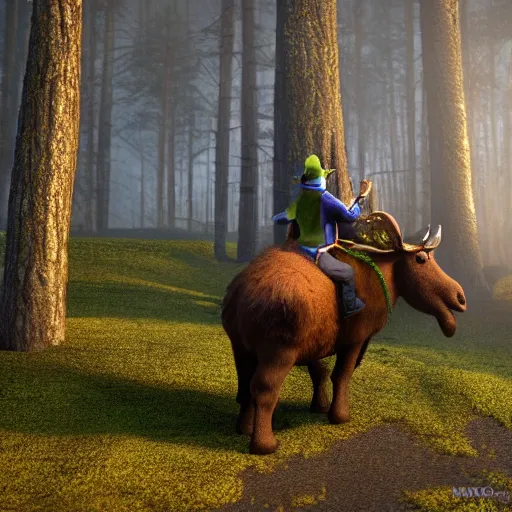 Image similar to shrek riding a moose in a dark forest, smoky, foggy, 8k, octane render,