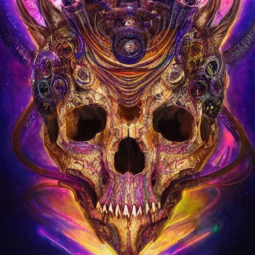 Prompt: portrait of a fantasycore glitchcore deformed animal skull in a helmet. intricate abstract. intricate artwork. celestial. prismatic, by josephine wall, pixar, ghibli. octane render, cgsociety very coherent symmetrical artwork. cinematic, hyper realism, high detail, octane render, 8 k, holographic accents