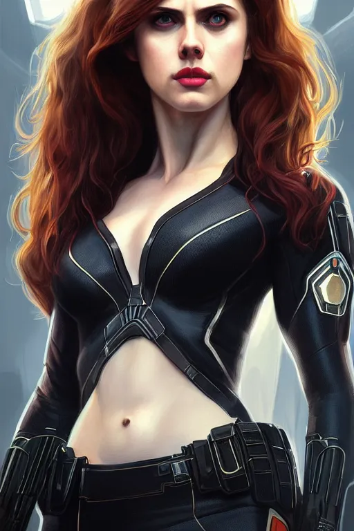 Image similar to alexandra daddario as black widow, realistic portrait, symmetrical, highly detailed, digital painting, artstation, concept art, smooth, sharp focus, illustration, cinematic lighting, art by artgerm and greg rutkowski and alphonse mucha