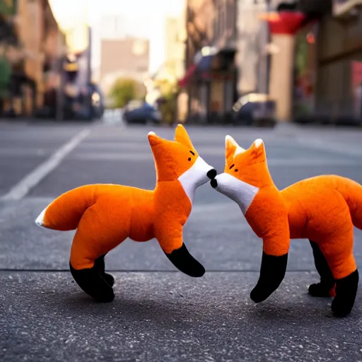 Prompt: two fox! plushies! playfully wrestling on the sidewalk, dynamic, motion blur, 1 / 4 shutter speed, award winning photography