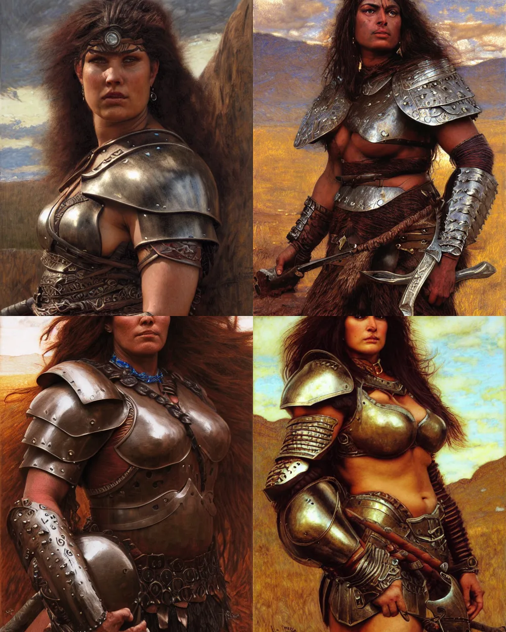 Prompt: portrait, large barbarian woman, leather armor, heavy looking powerful imposing, by john willian waterhouse, jeff easley, highly detailed, hyperrealistic, dark skin, desert lands, sharp focus, soft lighting, centered, sunlight