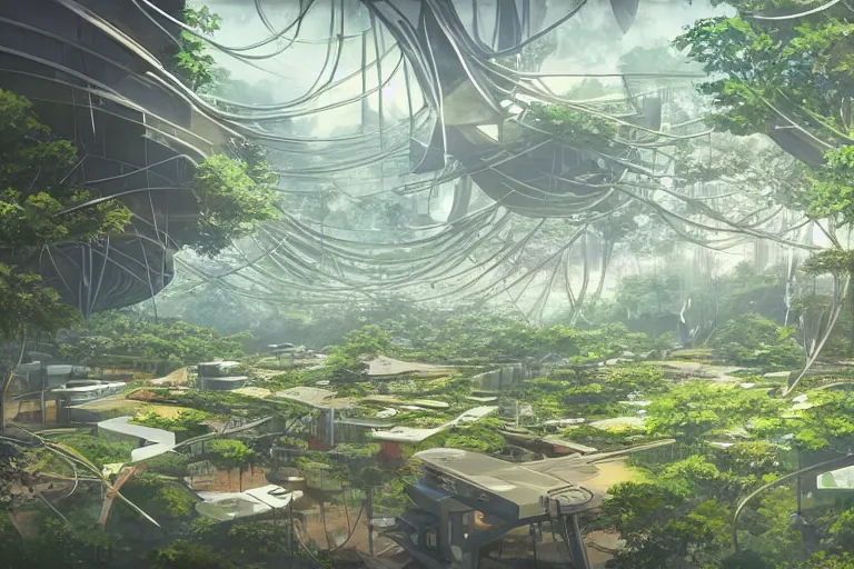 Image similar to A futuristic colony under construction in the amazonian jungle, hanging veins, peaceful landscape, solarpunk, wide perspective, no humans, soft lighting, anime film still, by Makoto Shinkai and studio ghibli, cell shading, high details