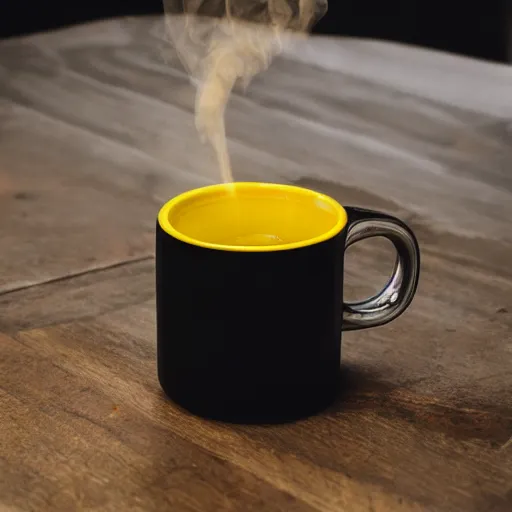 Image similar to yellow coffee mug that looks like a rimowa portmanteau, steaming coffee