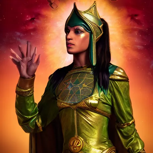 Prompt: AOC high priestess tarot card, green new deal apocalypse 8k octane render