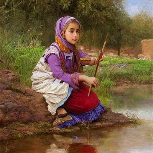 Image similar to beautiful painting by sophie anderson of a beautiful young kurdish girl painting by a river in a kurdish village, she is painting the river, award winning art, insanely detailed