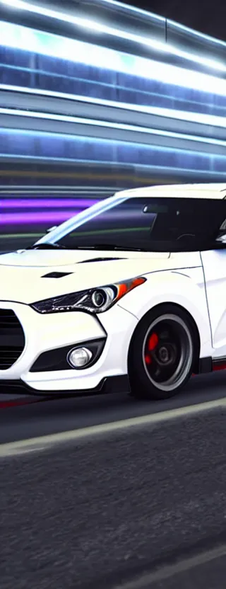 Prompt: white aftermarket hyundai veloster n racing down tokyo highway at night, raytraced reflections, unreal engine, realistic, 4 k