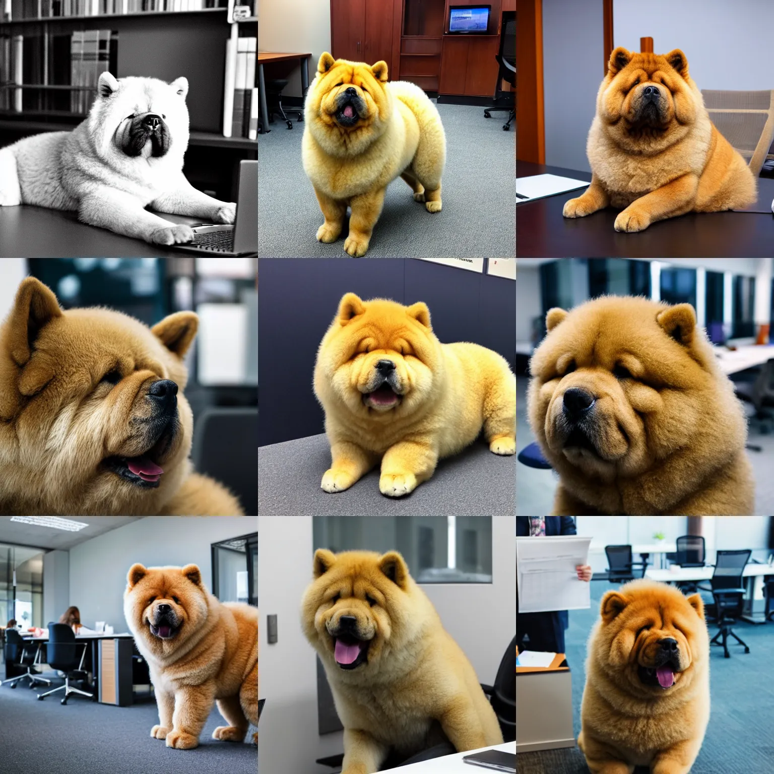 Prompt: a photo of a chow chow working at an office
