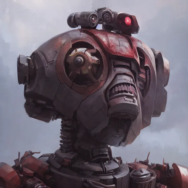 Image similar to hyper realistic bust of warhammer robot cinematic, artstation, cgsociety, greg rutkowski, james gurney, mignola, craig mullins, brom