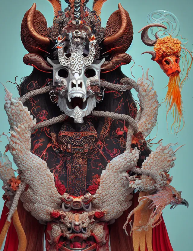 Image similar to 3 d goddess close - up profile portrait of satanic with ram skull. beautiful intricately detailed japanese crow kitsune mask and clasical japanese kimono. betta fish, jellyfish phoenix, bio luminescent, plasma, ice, water, wind, creature, artwork by tooth wu and wlop and beeple and greg rutkowski