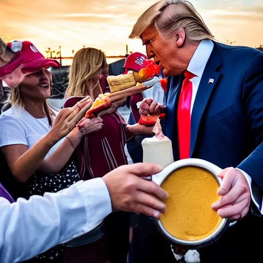 Image similar to donald trump throwing pudding onto citizens, citizens soaked with pudding, golden hour, boardwalk, professional photography