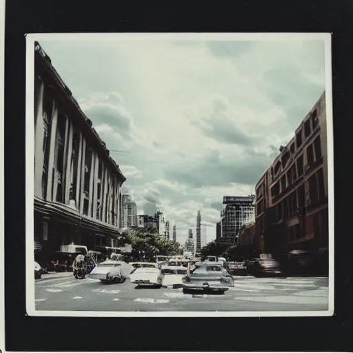 Image similar to instant photograph of a city in 1979, polaroid, raw, light leak, clouds