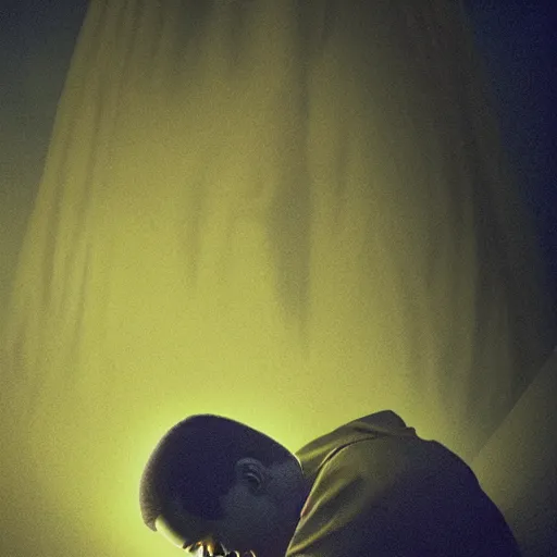 Prompt: Close up of a young, thin and stern catholic priest fervently praying as he is about to die from the ominous Lovecraftian yellow shadow descending upon him from the night sky. The yellow shadow feels very oppressive and terrifying. Low angle, dramatic lighting. Award-winning digital art, trending on ArtStation