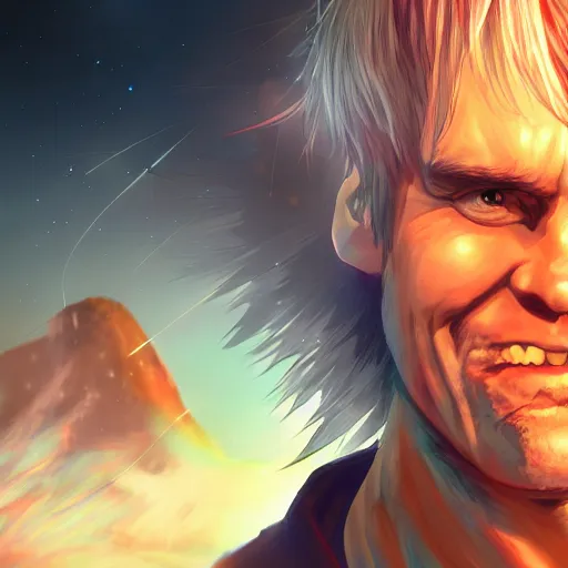 Image similar to portrait of jim carrey the geomancer, anime fantasy illustration by tomoyuki yamasaki, kyoto studio, madhouse, ufotable, square enix, cinematic lighting, trending on artstation