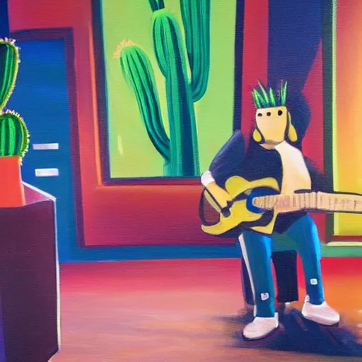 Image similar to a painting of a cactus playing a guitar on stage in the spotlight in a smoky night club