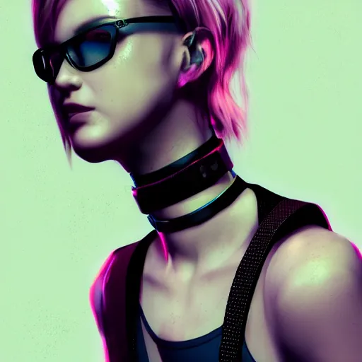 Image similar to realistic female character cyberpunk wearing technological collar around neck, realistic, art, beautiful, 4K, collar, choker, collar around neck, punk, artstation, detailed, female, woman, choker, dark, collar, choker,