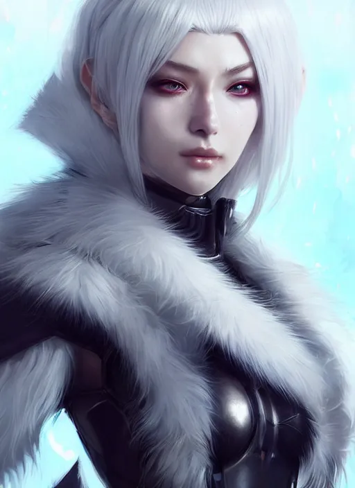 Image similar to fur - lined armor!!! beautiful and elegant white haired female!! gorgeous ayes!! character concept art, sharp focus, octane render! unreal engine 5! highly rendered!! trending on artstation!! detailed linework!! illustration by artgerm, wlop and ayami kojima