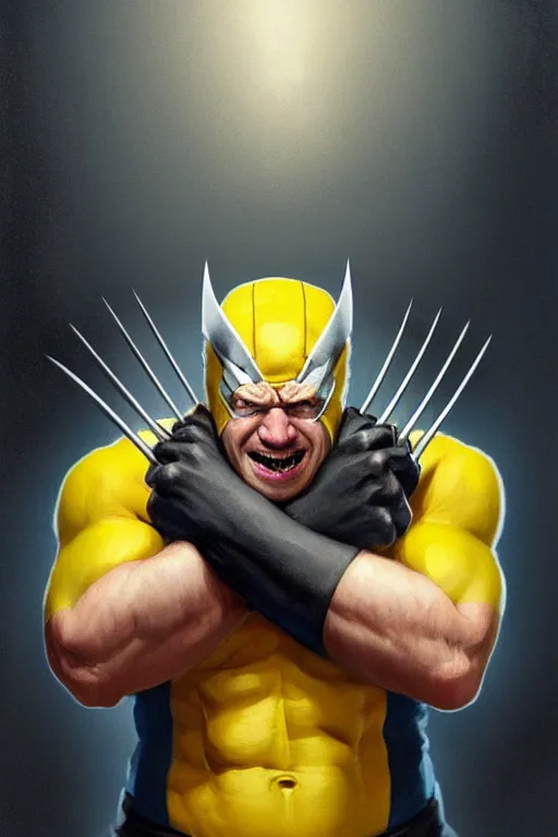 Image similar to Boris Johnson as calm but serious Wolverine, shining claws, yellow X-man costume, portrait, highly detailed, digital painting, artstation, concept art, smooth, sharp focus, illustration, cinematic lighting, art by artgerm and greg rutkowski and alphonse mucha