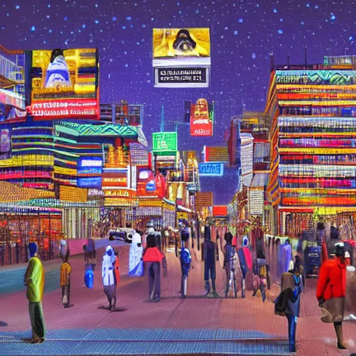 Prompt: futuristic ndebele city, night street scene, highly detailed, digital ndebele billboards