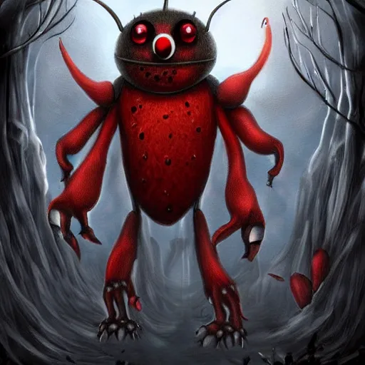 Image similar to ladybug as a monster, fantasy art style, scary atmosphere, nightmare - like dream