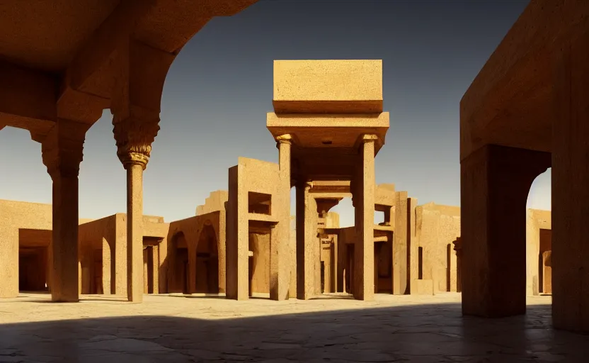 Image similar to exterior shot of utopian ancient persian architecture with cinematic lighting by peter zumthor and renzo piano, darek zabrocki and greg ruthkowski, simon stalenhag, m. c. escher vibe, cinematic, holy place, paradise, scifi, futurism, atmospheric, concept art, artstation, trending on artstation