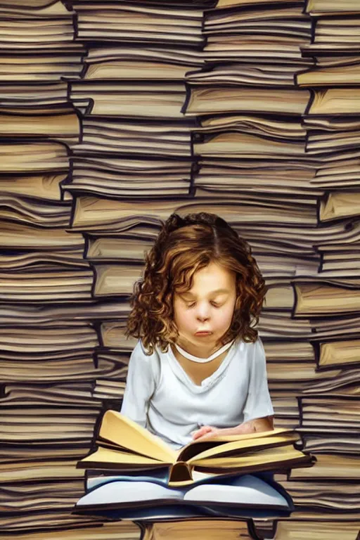 Image similar to a little girl with wavy curly light brown hair sits on a tall pile of books. she is reading. clean pretty cartoon painting, beautiful detailed face.