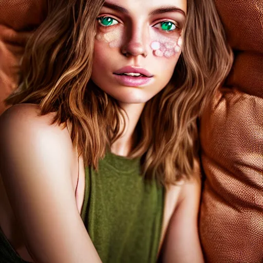 Image similar to intricate crisp portrait of a cute thin young woman, light bronze brown hair, very detailed emerald green eyes, red blush, light freckles, soft smile, casual clothes, relaxing on the couch, home interior, golden hour, close up shot, 8 k, art by irakli nadar, hyperrealism, hyperdetailed, ultra realistic